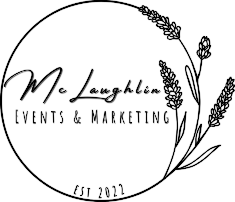 Logo of McLaughlin Events & Marketing featuring the business name in stylish script surrounded by decorative floral elements, established in 2022.